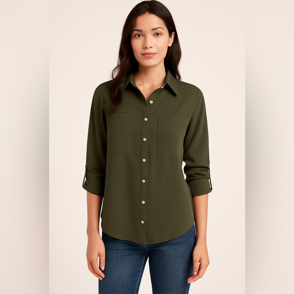 NWT Status by Chenault Olive Green Blouse Button-Down Relaxed Fit XS